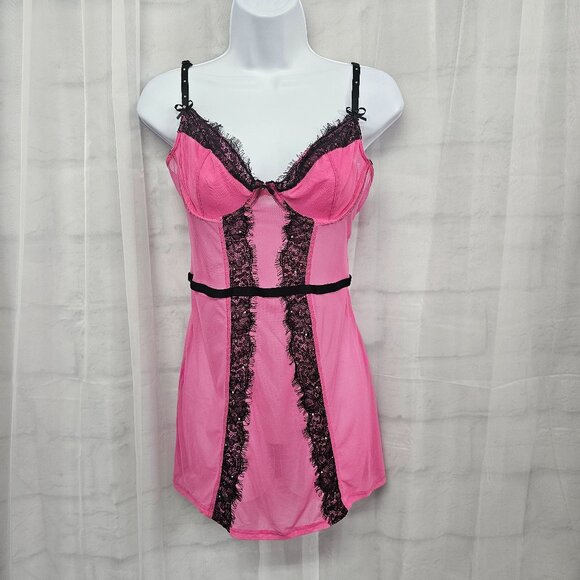 Frederick' s of Hollywood Y2K Babydoll Tank Pink Lace Mesh Whimsigoth Sheer L - Picture 9 of 9